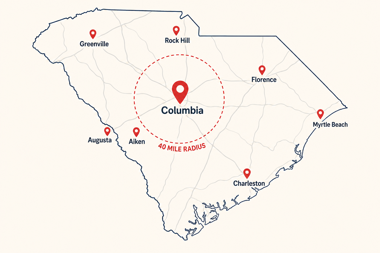 Map showing 40 mile local pickup radius around Columbia, South Carolina