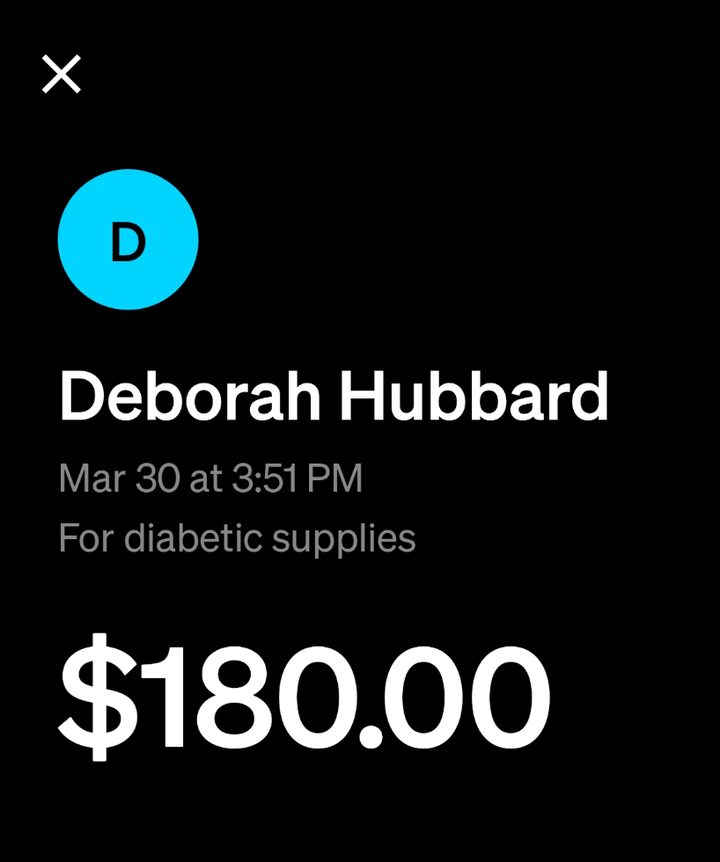 Cash App payment of $180 sent for diabetic supplies