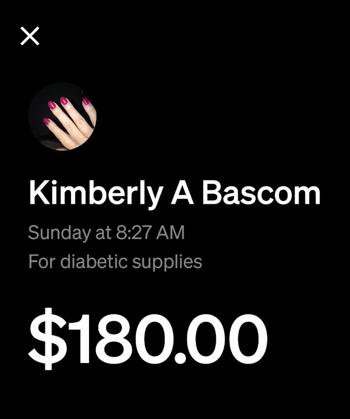 Cash App payment of $180 sent for diabetic supplies
