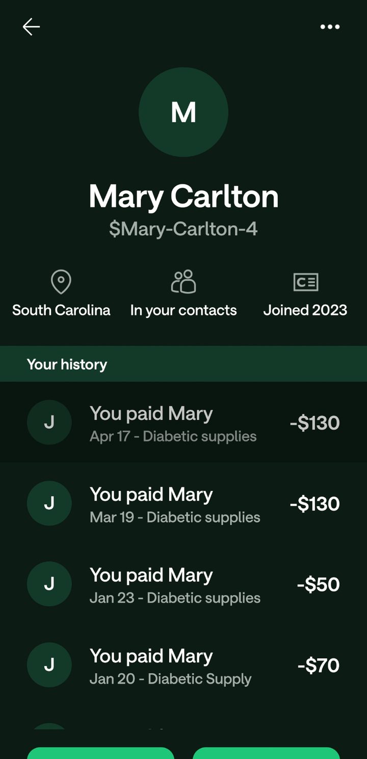 Venmo payment history showing multiple payments for diabetic supplies