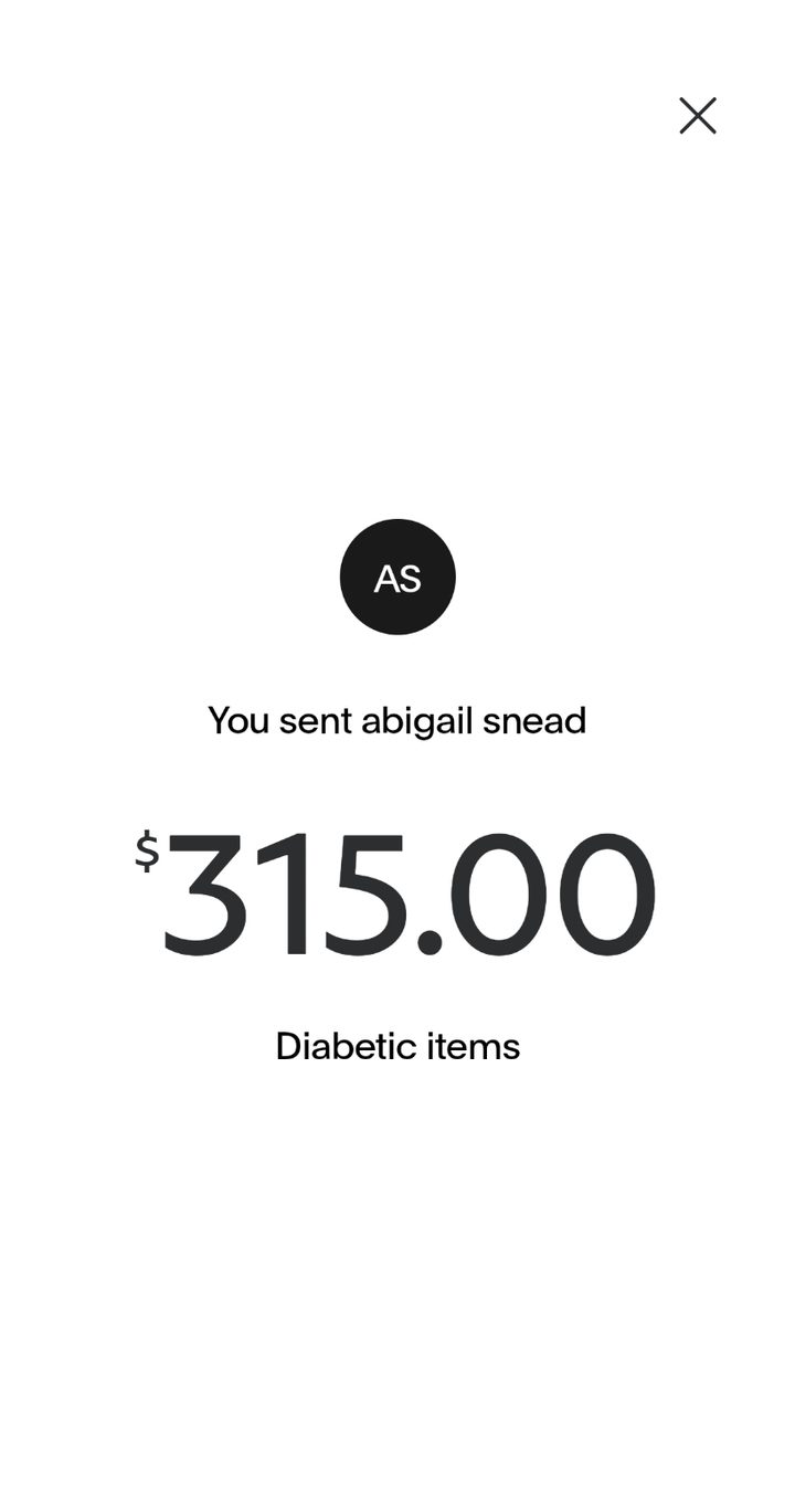 Venmo payment of $315 sent for diabetic items